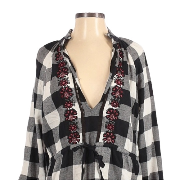 Christophe Sauvat Embroidered Black Check Tunic Dress Size S Relaxed Tie Waist - Picture 4 of 9